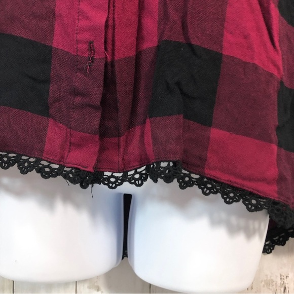 Eyeshadow Plaid Button Up Crossover Back Lace Trim Shirt Medium - Picture 2 of 10